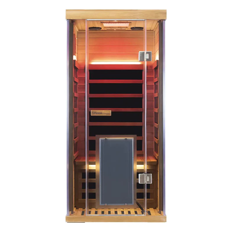 Infrared sauna with wooden exterior and glass door on a white background