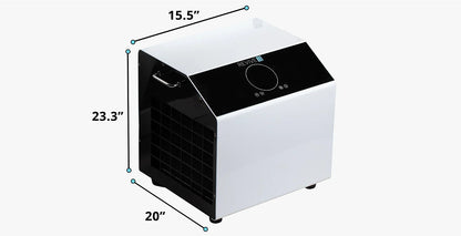 Portable air conditioner with dimensions labeled on a white background