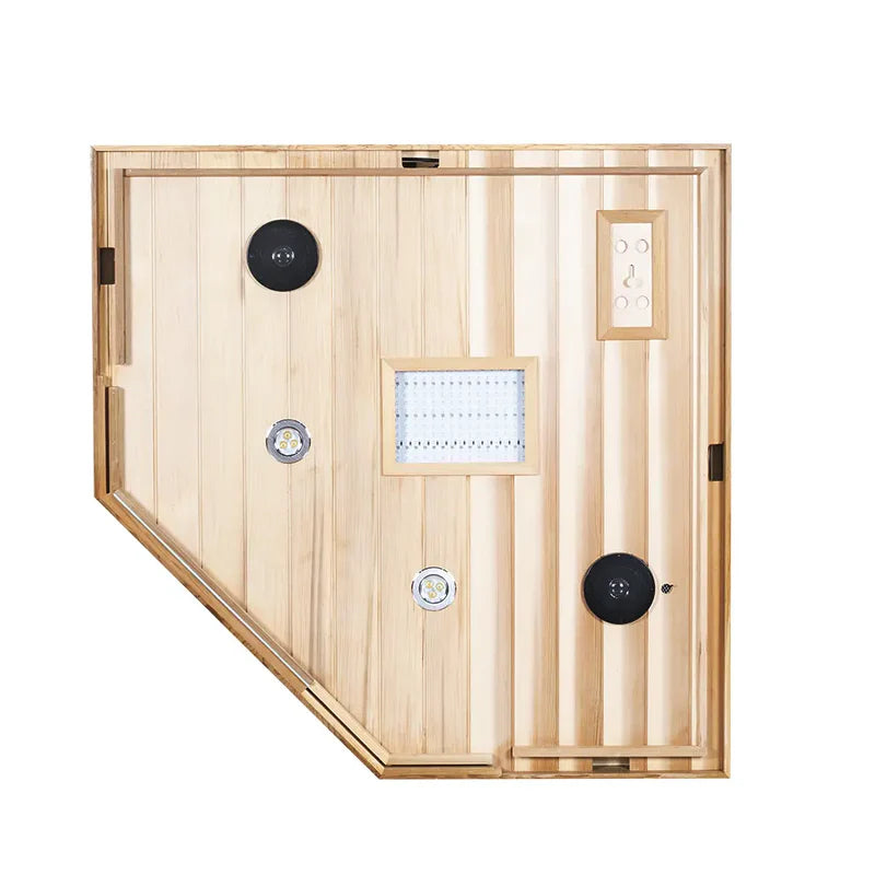 Wooden sauna with control panels on a white background