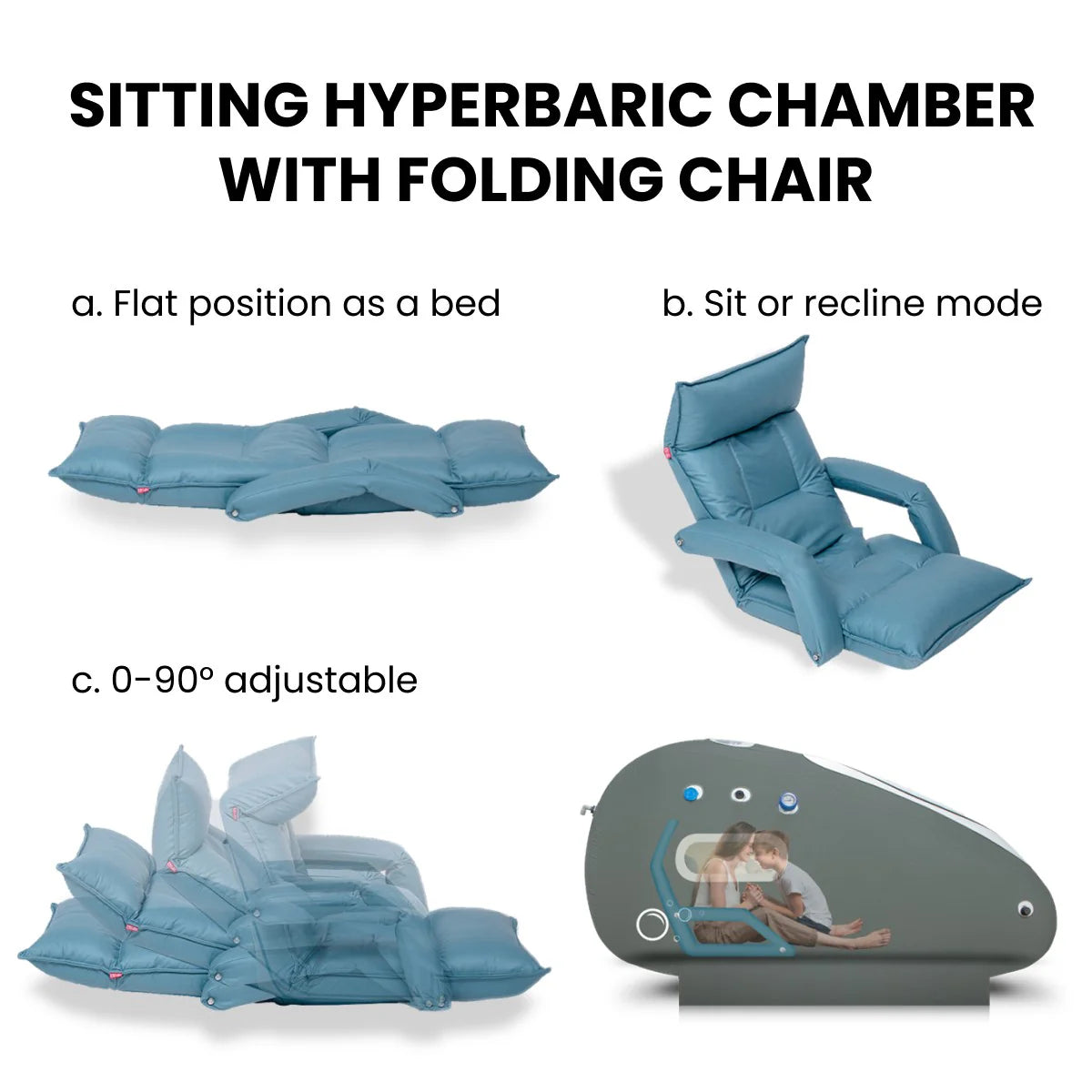 Sitting hyperbaric chamber with folding chair in various modes on a white background