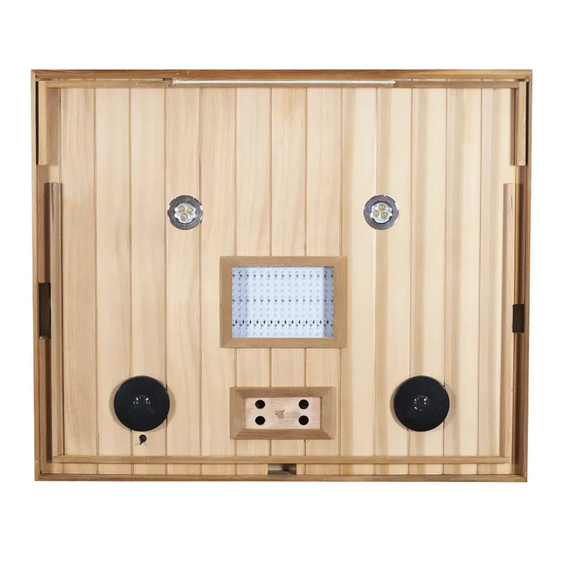 Wooden sauna with control panel and light on a white background