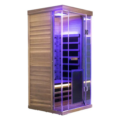 Infrared sauna with wooden exterior and glass door on a white background