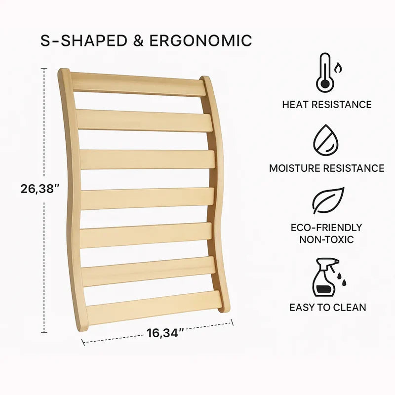 S-shaped wooden product with dimensions and eco-friendly features on a white background