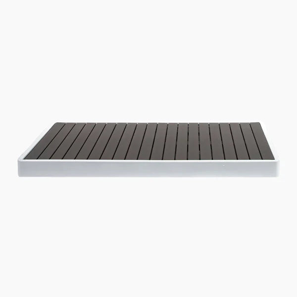 Rectangular wooden deck board with a white base on a white background