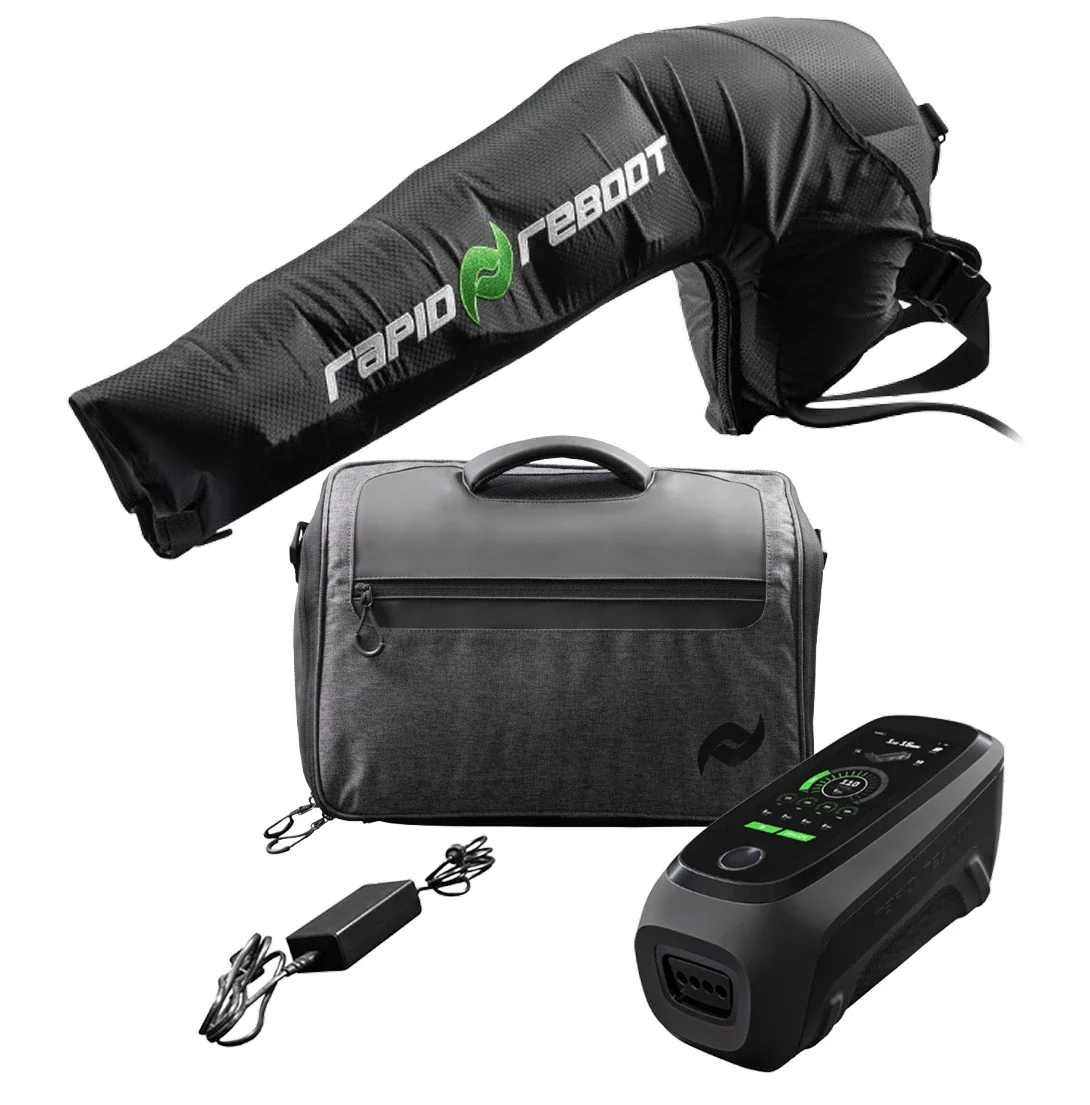 Black and gray power bank with accessories on a white background