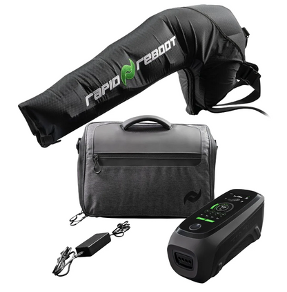 Black and gray power bank with accessories on a white background