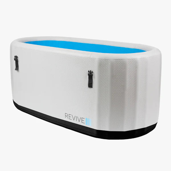 White and blue inflatable pool with 'REVIVE' branding on a white background