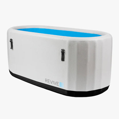 White and blue inflatable pool with 'REVIVE' branding on a white background