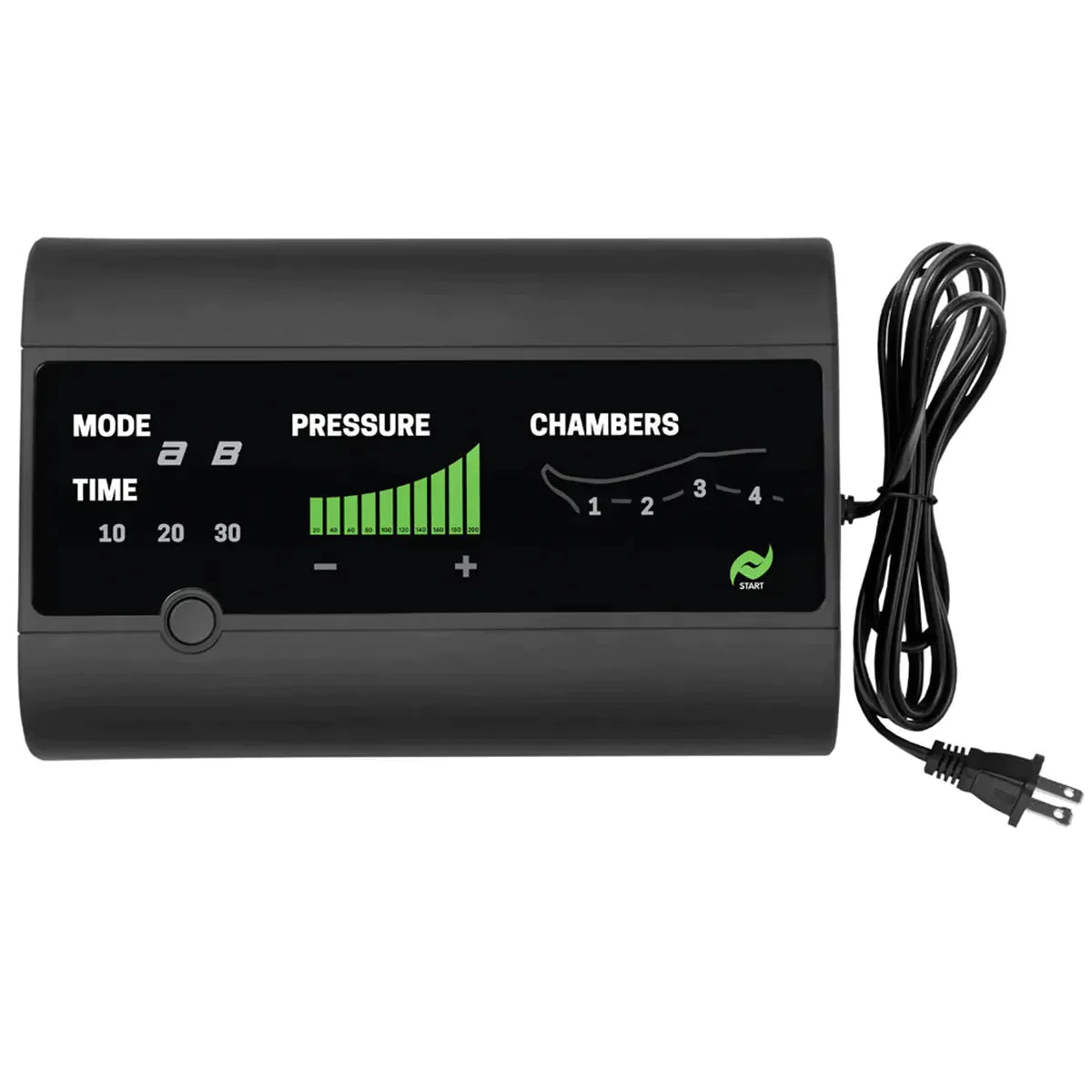 Black electronic device with digital display and control buttons on a white background