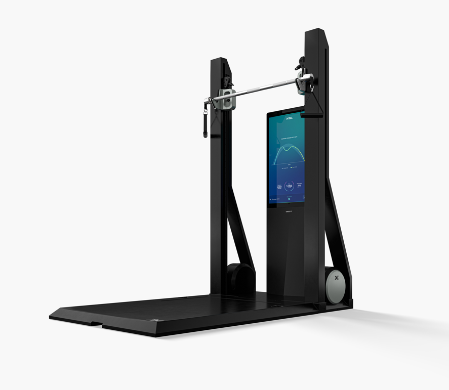 Black weightlifting machine with digital display on a white background