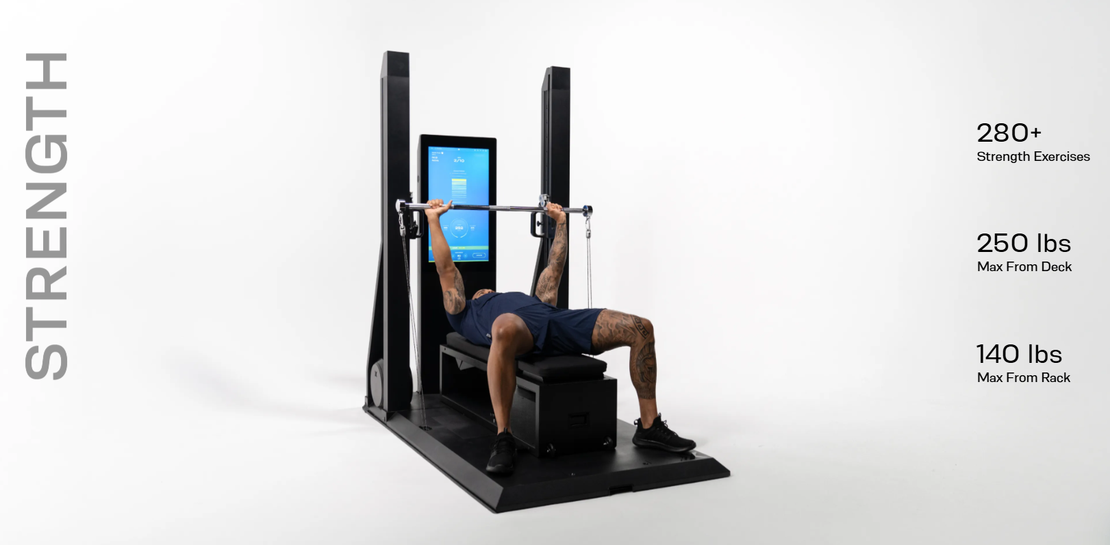 Gym machine with digital display and text highlighting strength training capabilities on a white background