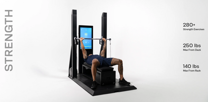 Gym machine with digital display and text highlighting strength training capabilities on a white background