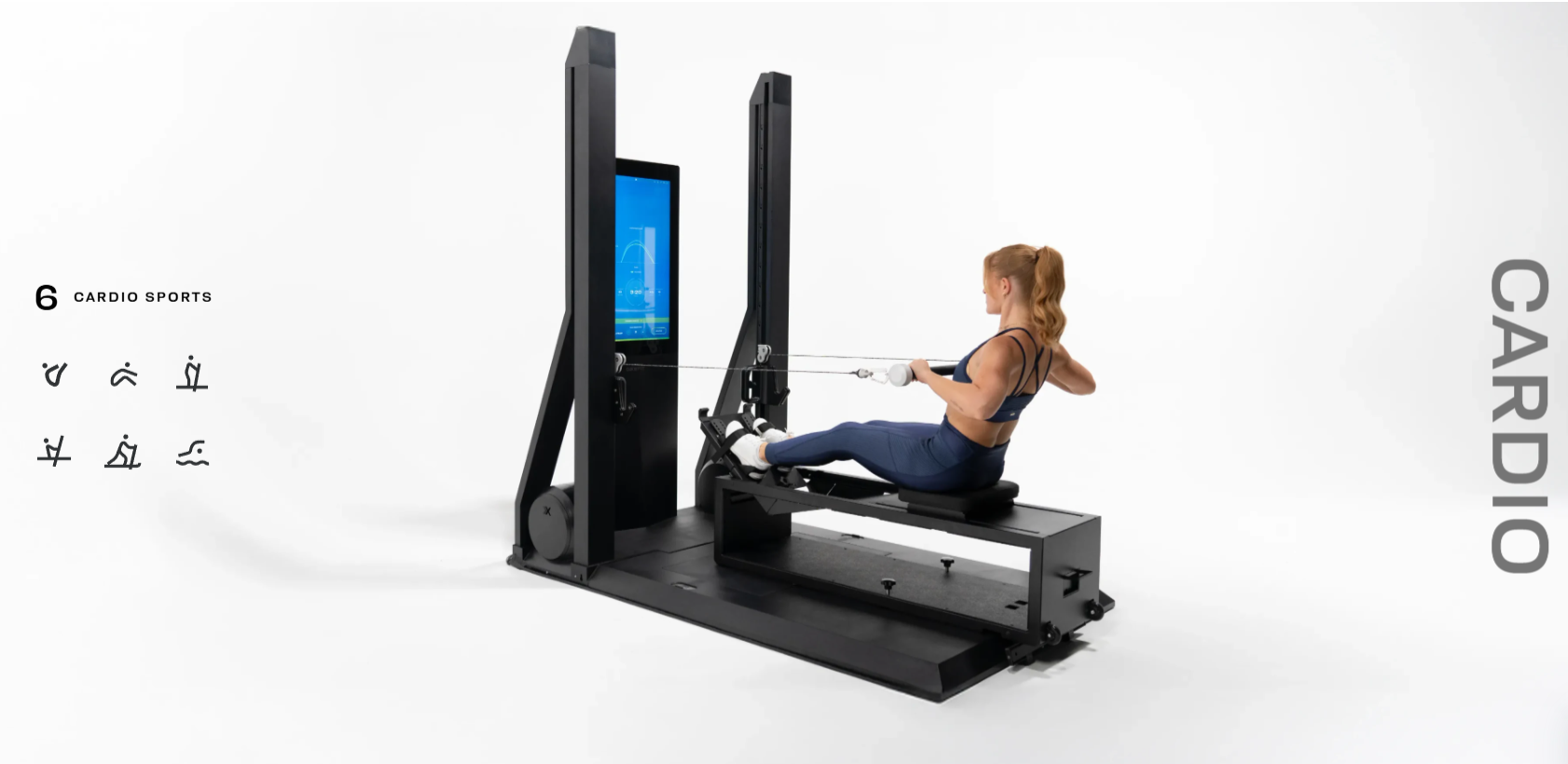 Person using a rowing machine with a screen on a white background, featuring the brand 'Cardio'.