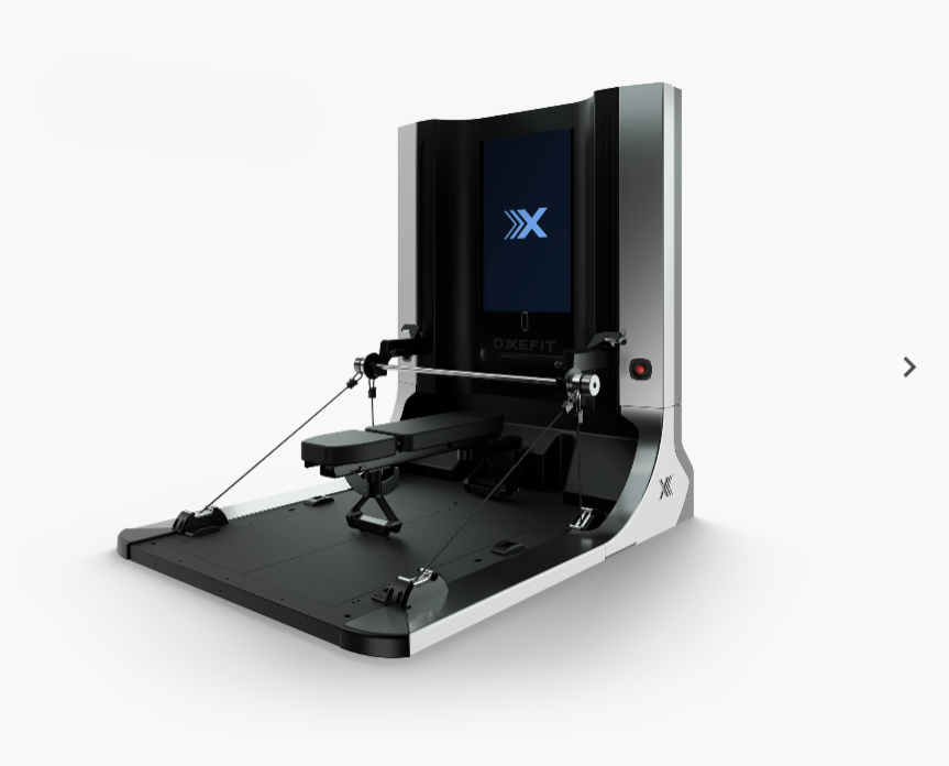 Black and silver exercise machine with a screen displaying 'X' on a white background