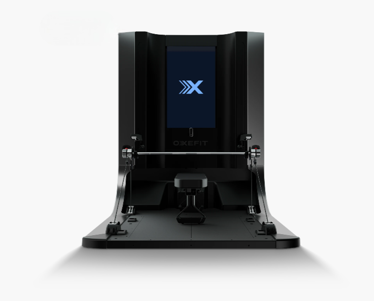 Black exercise machine with a screen displaying a logo on a white background
