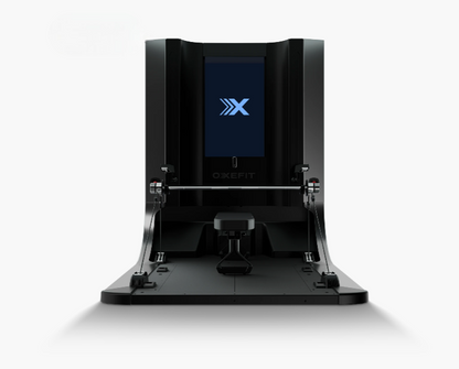 Black exercise machine with a screen displaying a logo on a white background