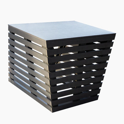 Stack of wooden pallets with a metallic surface on a white background