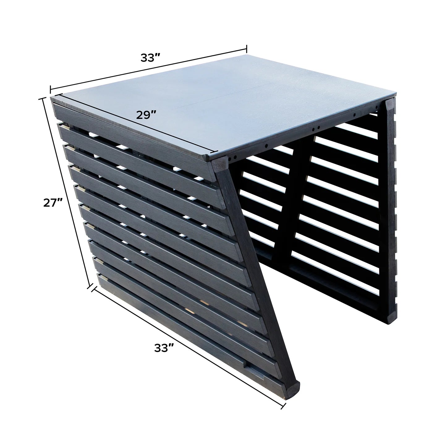 Black metal dog crate with dimensions labeled on a white background