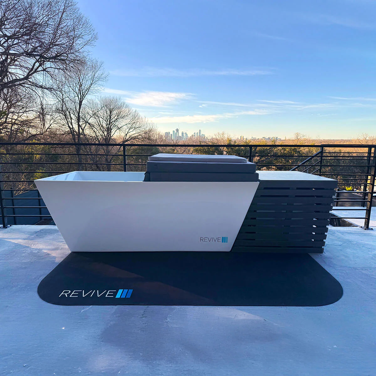white cold tub on a rooftop with 'REVIVE' branding, trees, and skyline in the background.