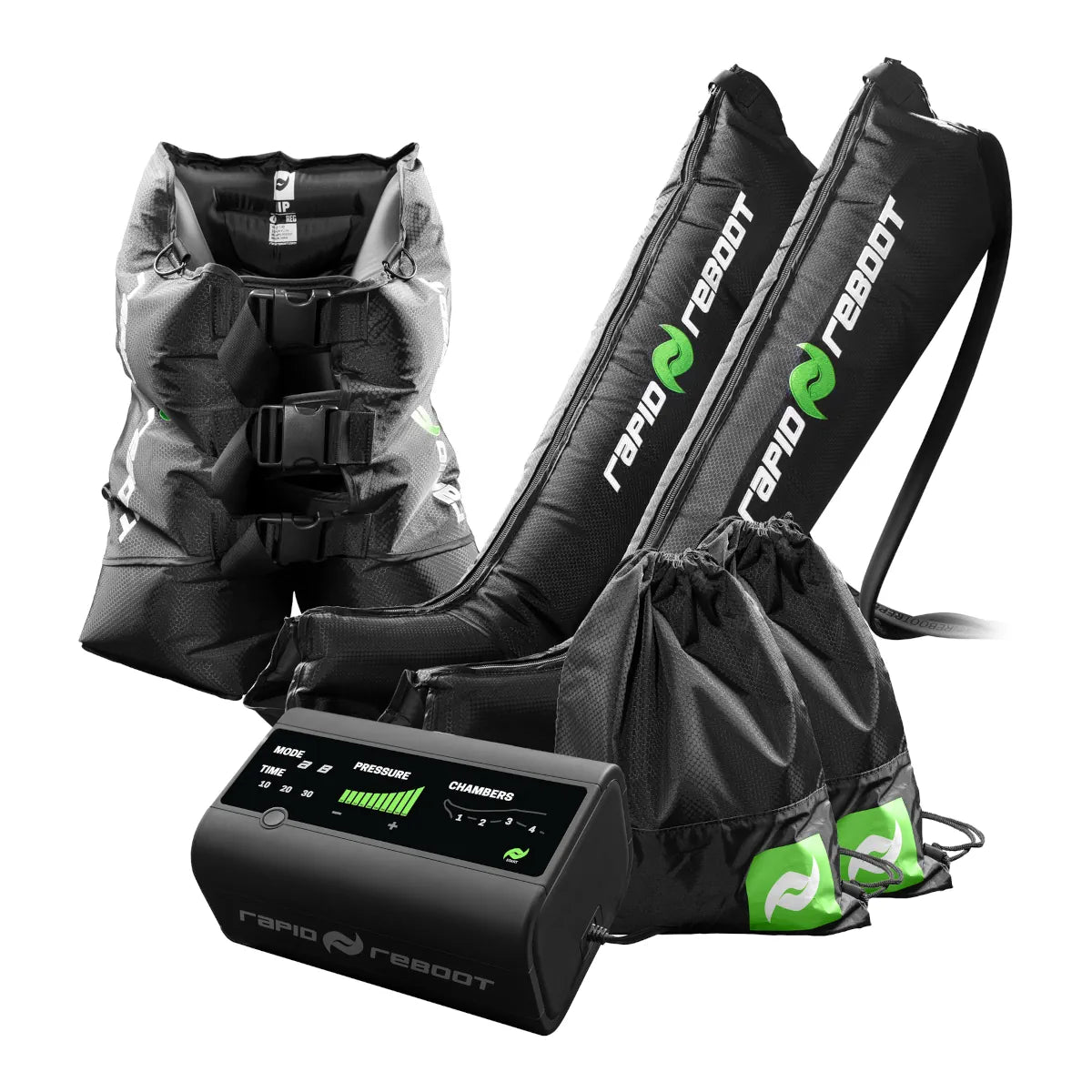 Black compression boots and hips attachment with Rapid Reboot logo and control unit on a white background