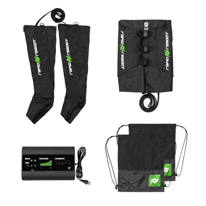 Black compression leg sleeves with green logo, black compression wrap, black electronic device, and black drawstring bag with green logo on a white background.
