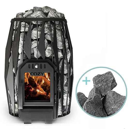 Wood-fired sauna heater with stones and inset showing stones