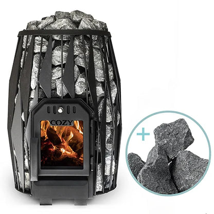 Wood-fired sauna heater with stones and inset showing stones