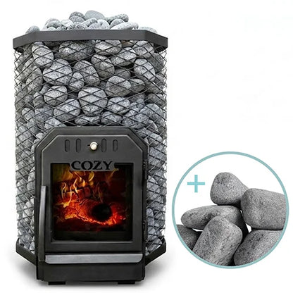 A black mesh-bundle wood stove filled with gray stones, shown on a white background with a circular inset of additional stones and a flame view through the front door. The front door has the brand name COZY.