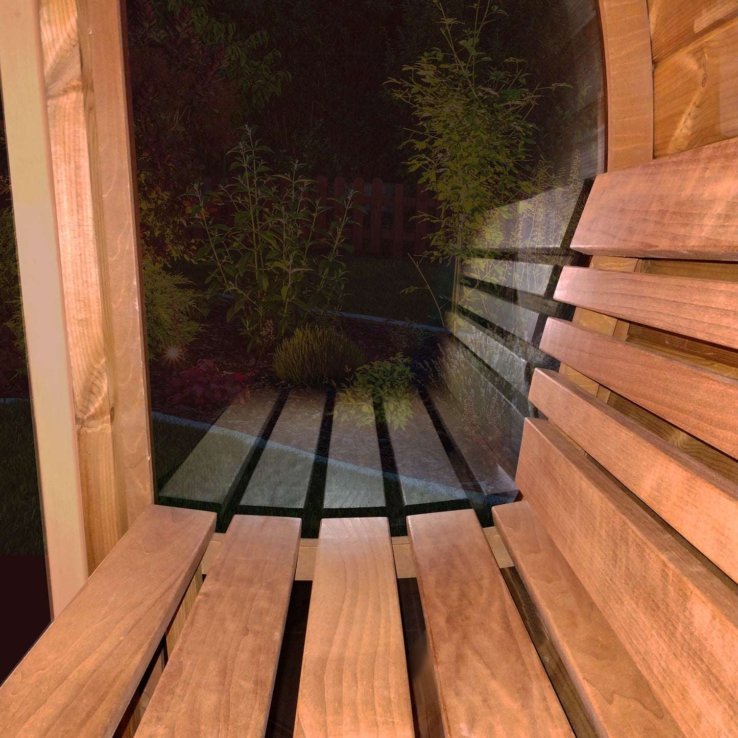 Wooden bench with a glass floor at night, illuminated by warm light.