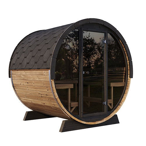 Wooden barrel-shaped outdoor cabin with glass door on a white background