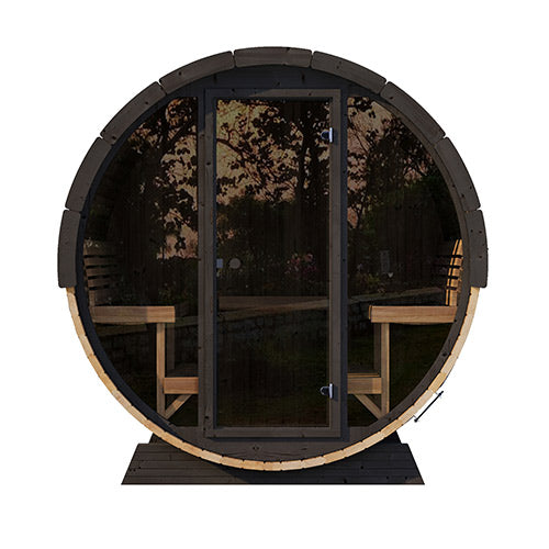 Round outdoor gazebo with wooden benches and glass doors on a white background