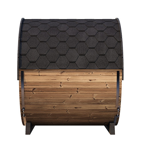 Wooden sauna with a black tiled roof on a white background