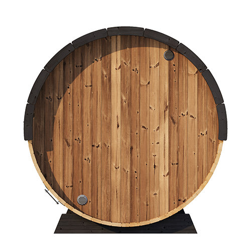 Wooden barrel with black hoops on a white background
