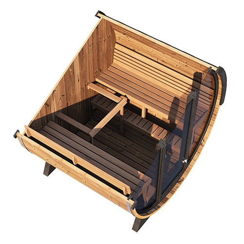 Wooden sauna with bench and seat on a white background