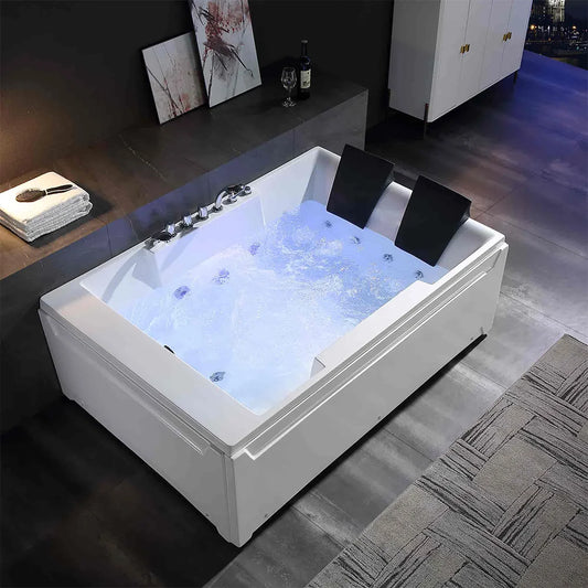 Modern white bathtub with LED lighting in a stylish bathroom setting.