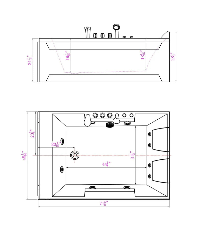 Technical drawing of a rectangular bathtub with dimensions labeled
