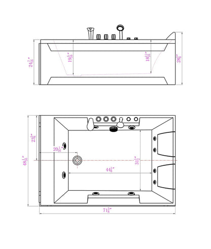 Technical drawing of a rectangular bathtub with dimensions labeled