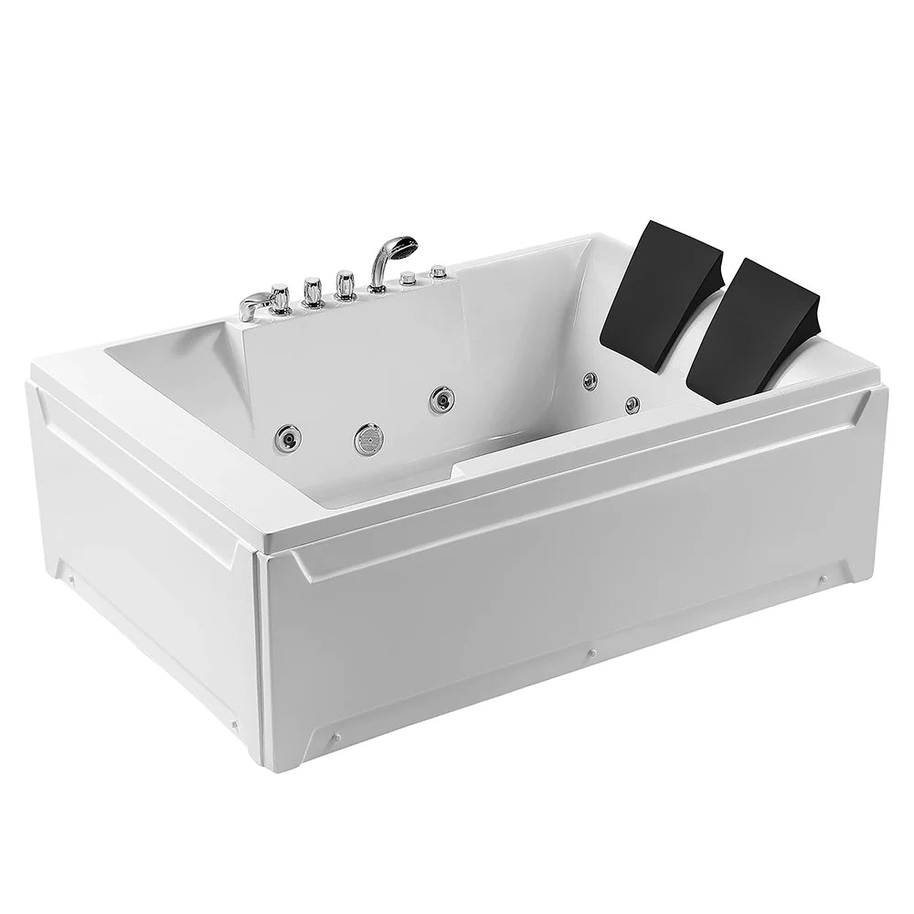 White Jacuzzi bathtub with black footrests on a white background