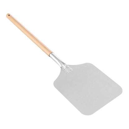 Metal pizza peel with a wooden handle on a white background