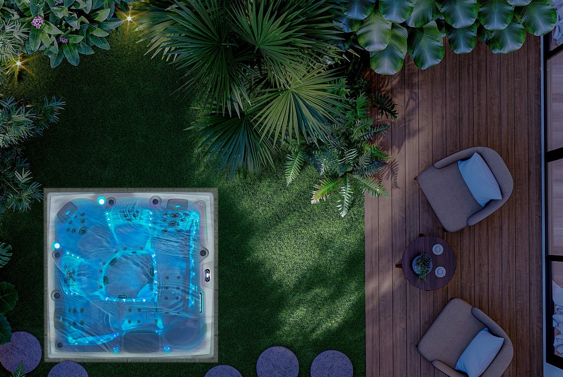 Top-down view of a hot tub in a garden with plants and outdoor furniture.