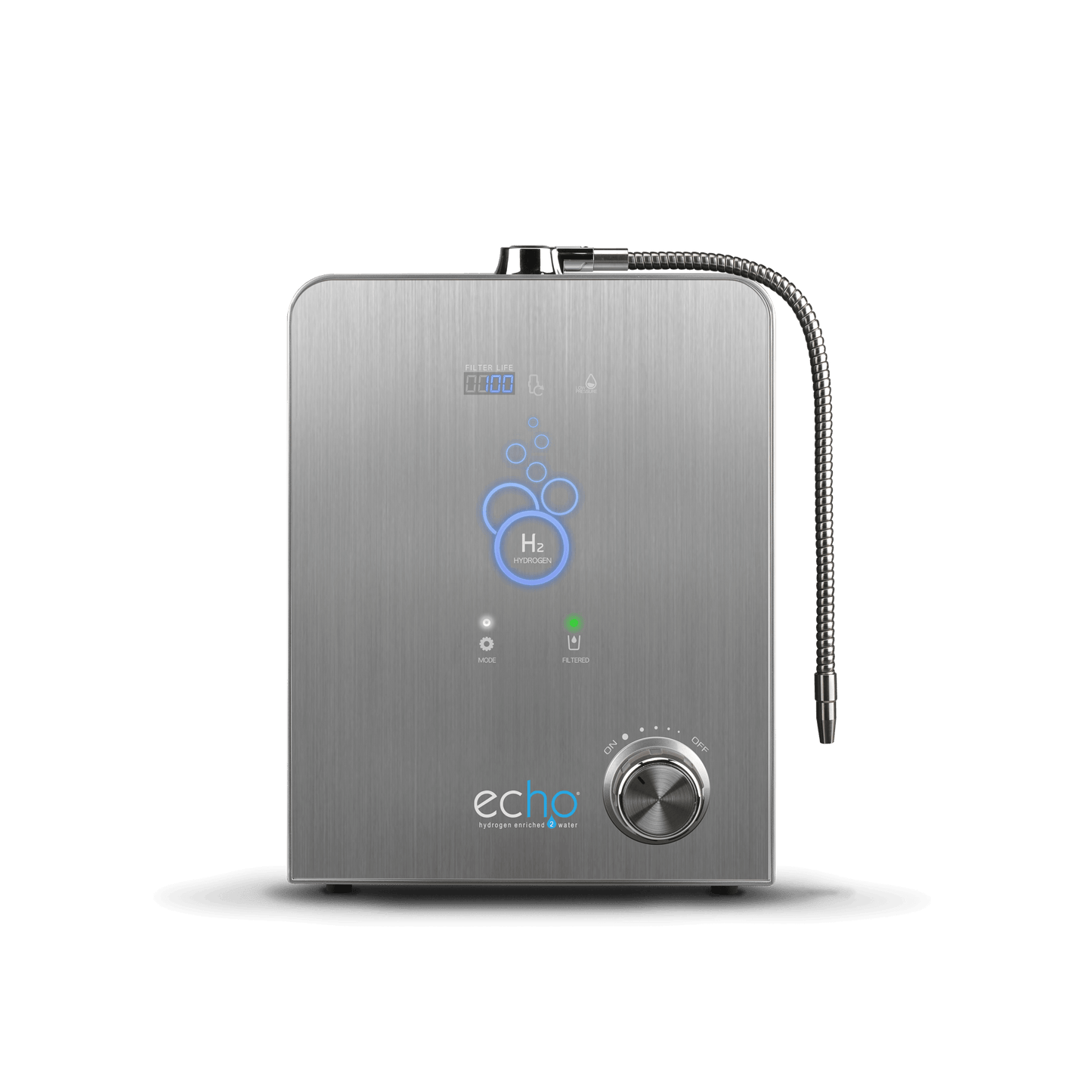 Stainless steel hydrogen generator with 'echo' branding on a white background