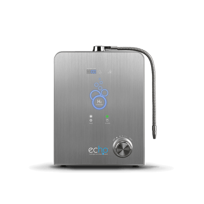 Stainless steel hydrogen generator with 'echo' branding on a white background