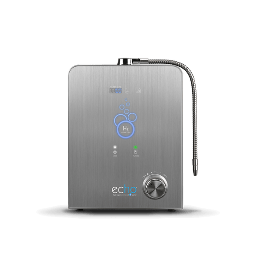 Stainless steel hydrogen generator with 'echo' branding on a white background