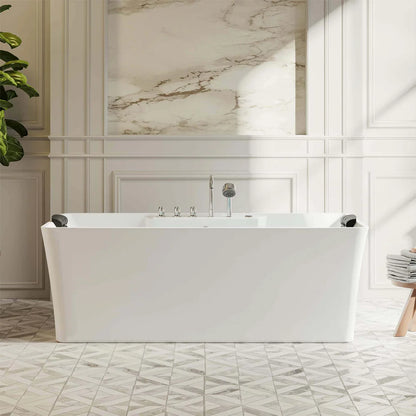 Modern bathroom with a freestanding bathtub, marble wall, and geometric floor.