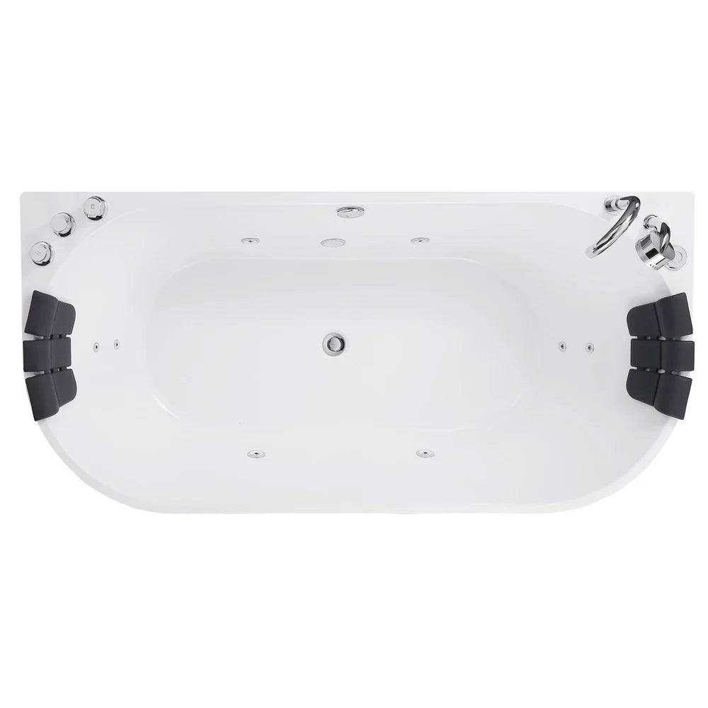 White oval hot tub with black interior on a white background