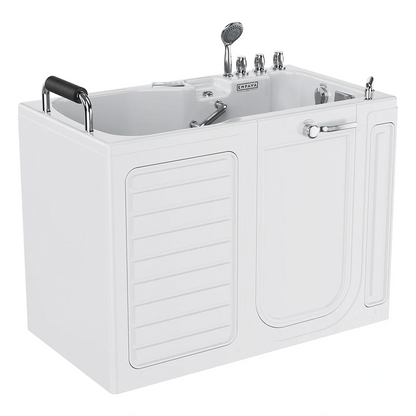 White walk-in bathtub with silver fixtures on a white background