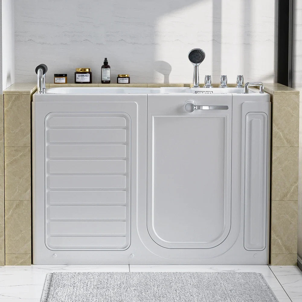 White walk-in bathtub with beige tiles in a bathroom setting