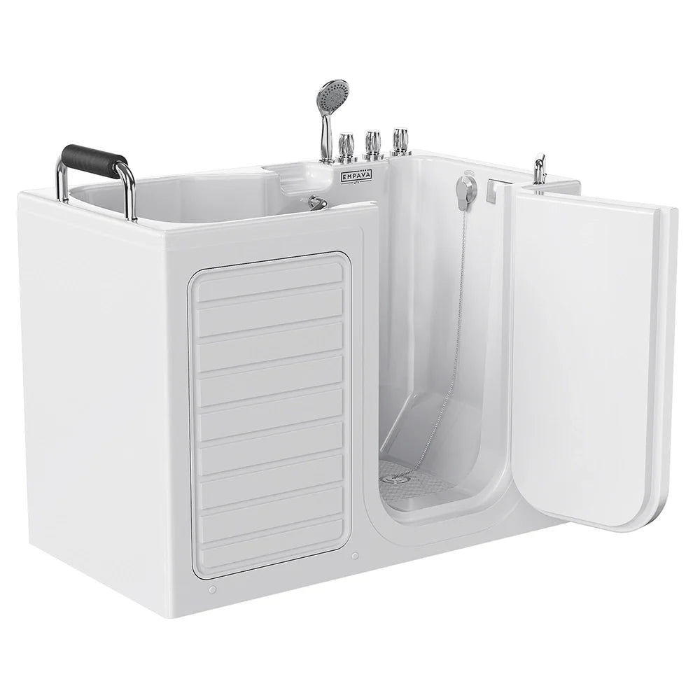 White walk-in bathtub with a partially open door on a white background
