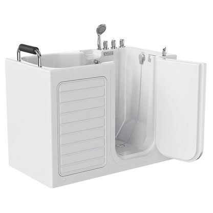 White walk-in bathtub with a partially open door on a white background