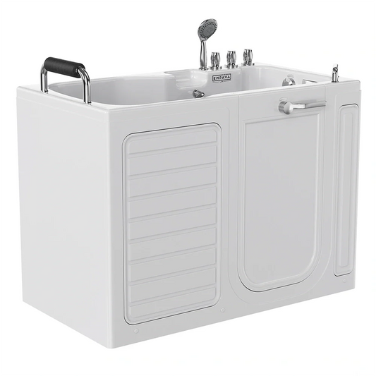 White walk-in bathtub with shower fixtures on a white background